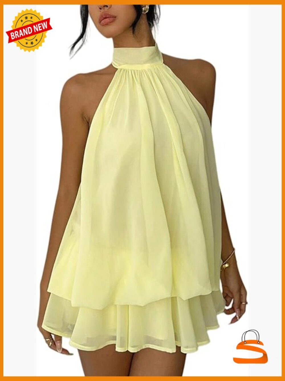 Backless Halter Mini Dress with Built-In Shorts, Chiffon Summer Party Dress